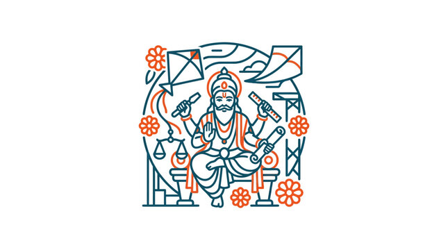 Colorful illustration of a deity with flowers and kites
