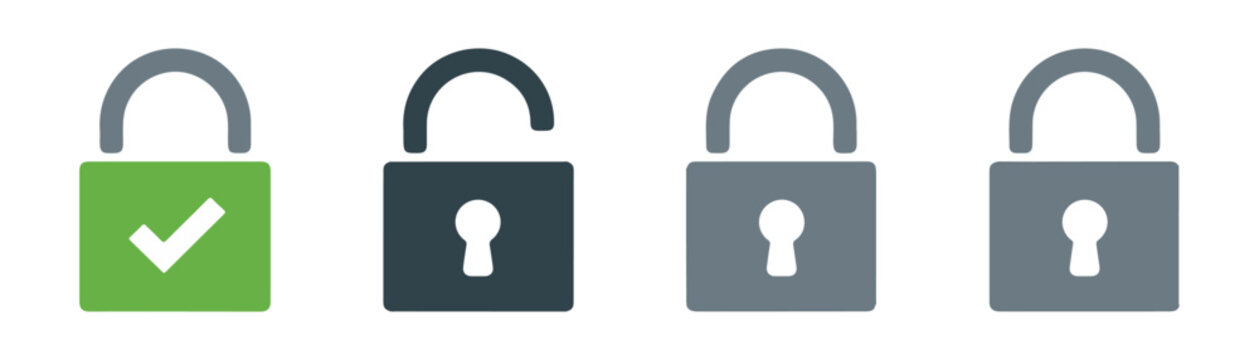 Unlocked and locked padlock icons in grey and dark blue with green checkmark.