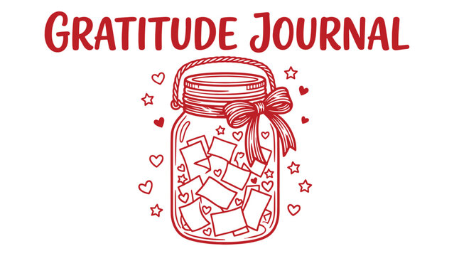 Gratitude journal mason jar filled with thankful notes and heart doodles, red outline vector printable for mindfulness journal, self care and positive reflection.