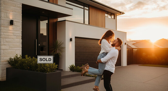 Happy couple hugging in front of sold modern house perfect for successful real estate investment and joyful home buying plan