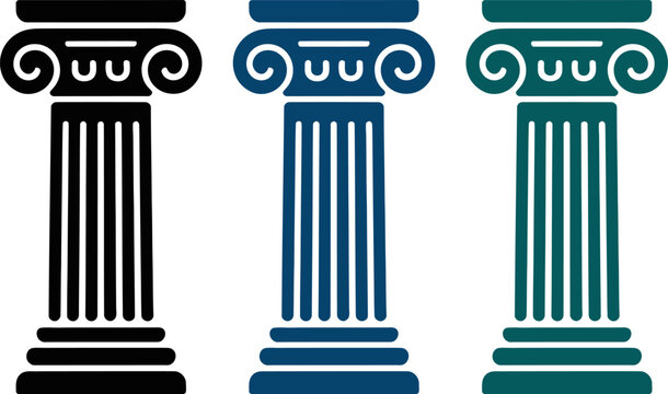 Set of three classic ionic columns in black, blue and green colors