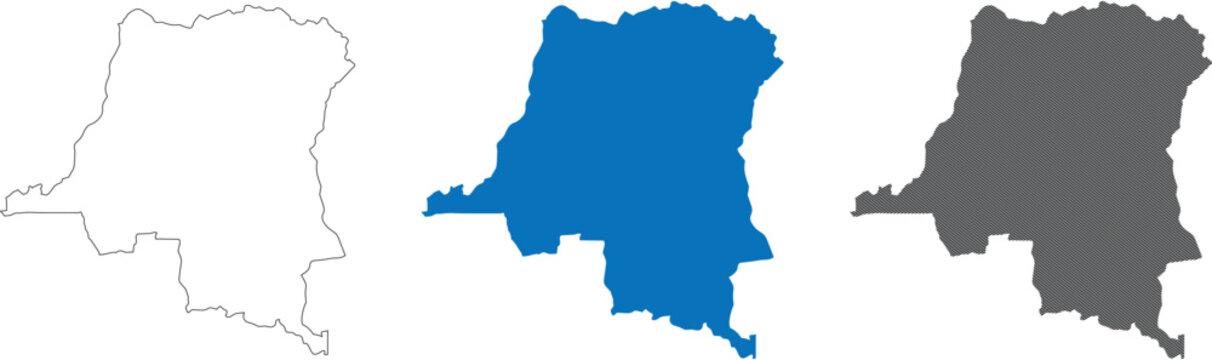 Democratic republic of congo map vector illustration with outline blue filled and black silhouette shapes isolated on transparent background for geography design.