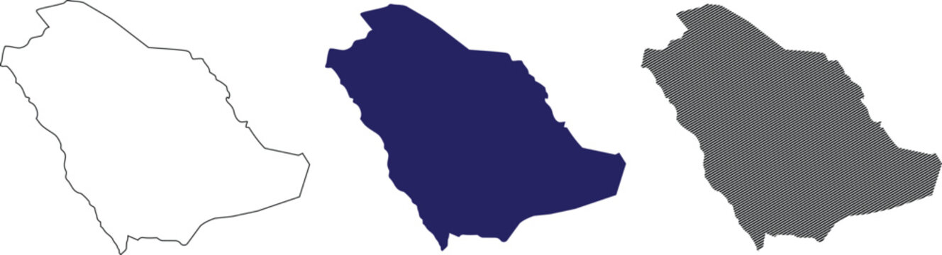 Saudi Arabia map vector illustration containing black outline solid navy blue silhouette and diagonal hatch pattern on transparent background for layout designs.