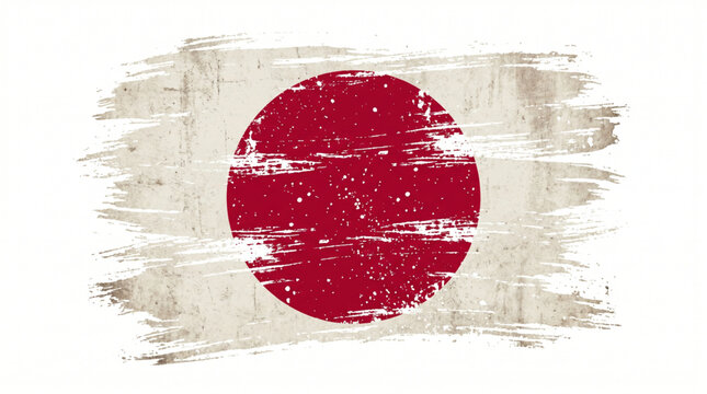 Japanese flag national emblem in artistic brush stroke style. Distressed Hinomaru sun symbol with grunge texture and vintage paint splatter effect. Ja