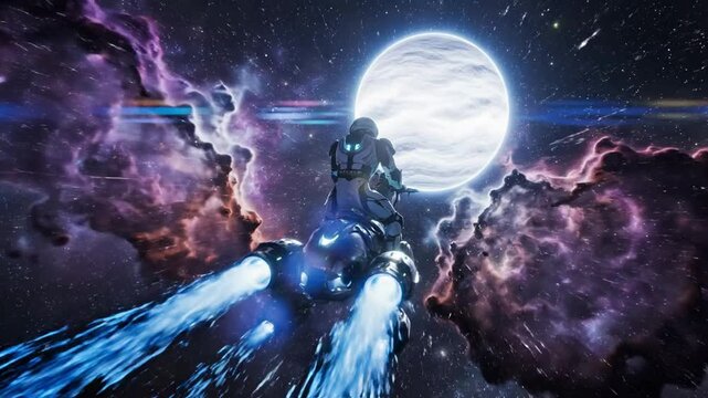 Futuristic astronaut riding a mechanical horse through deep space nebula with glowing planet and jet propulsion