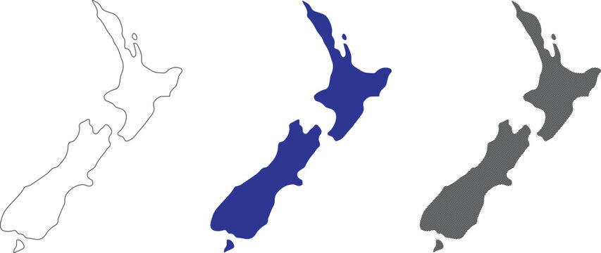 New zealand map vector illustration collection with diverse design styles including contour silhouette and hatched texture patterns for creative geography layout.