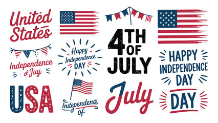 Fototapeta premium Colorful 4th of july independence day celebration elements with flags banners and text for american holiday festivities