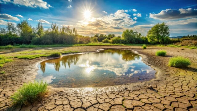 Drained pond dry land in summer