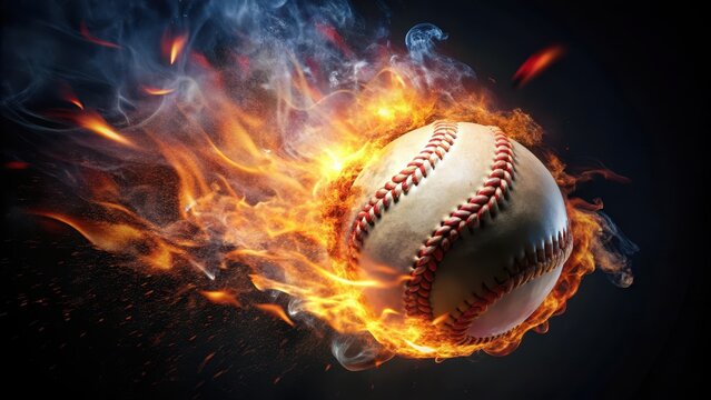 A flying baseball in a fire flame on a dark black background dynamic game of baseball