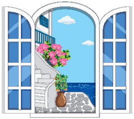 Obraz premium Scenic Mediterranean Village View Through Open Arched Window with Sea Background