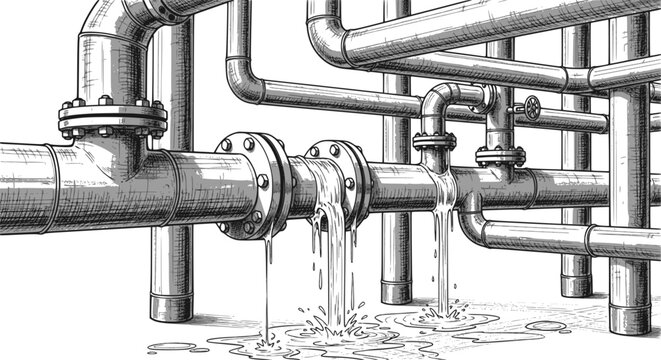 Leaking pipe with flowing water, cartoon illustration. Concept of economical water consumption. Vector illustration, transparent EPS version.
