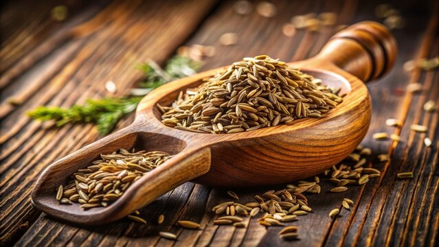 Freshly harvested cumin seeds in a wooden scoop on a rustic table