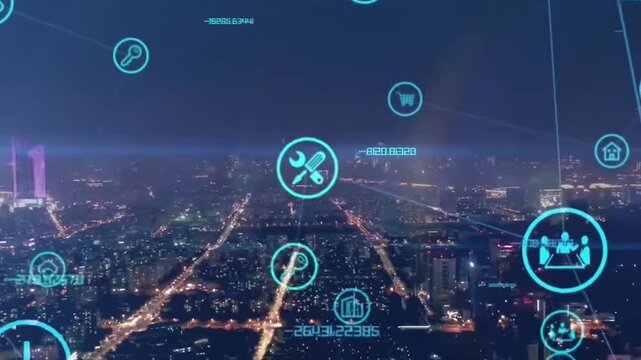 Smart city network connection with digital icon graphics, cyber security, data analytics, cloud computing, and internet of things technology over futuristic cityscape background