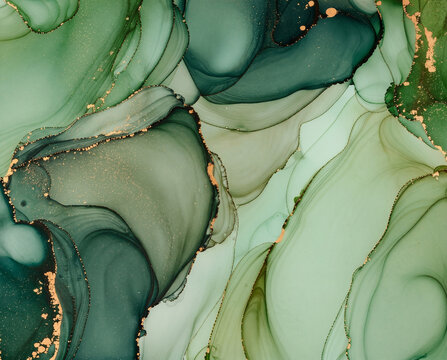 Emerald green fluid art abstract background with soft sage tones and golden metallic lines