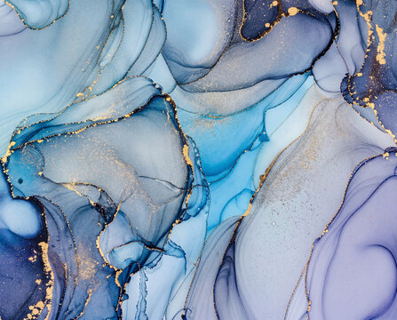 Abstract fluid art background with ocean blue and soft periwinkle swirls accented by gold veins