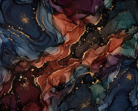 Dark abstract liquid marble background with deep navy blue terracotta swirls and gold accents