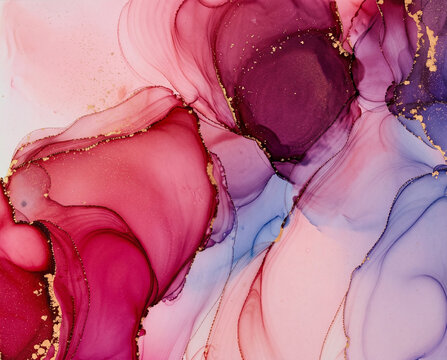 Elegant rose and plum pink fluid art abstract background with fine golden glitter details