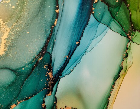 Rich emerald and sage green fluid art texture background with dense golden metallic splatter