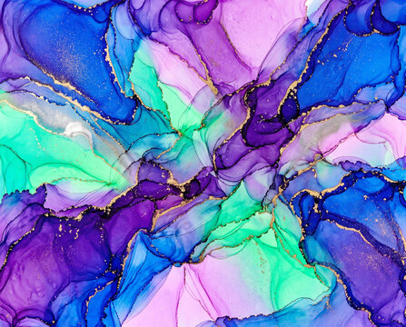 Vibrant blue and purple fluid art background with neon turquoise flashes and gold accents