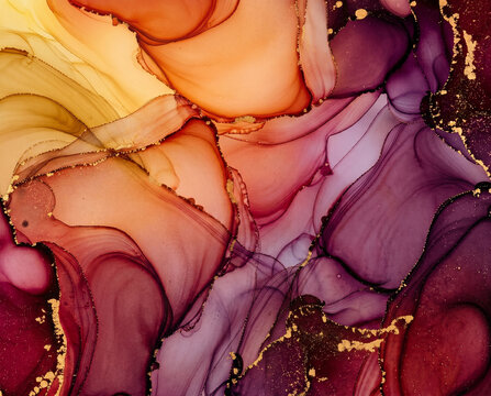 Abstract fluid art background with warm orange burgundy tones and gold glitter veins