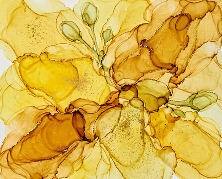 Abstract fluid painting with yellow ochre floral buds and shimmering gold textures