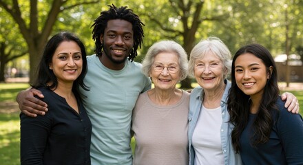 Fototapeta premium A diverse group of people including a young man with his arms around two older women and two young women standing together in a park on a sunny day.