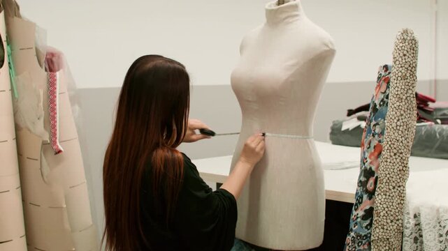 Garment studio. Fashion business. Woman measuring size dimensions of mannequin figure with tailor tape for sewing in atelier interior.