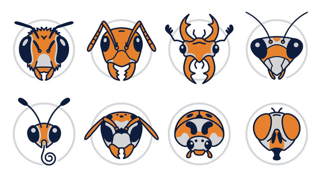 Cartoon orange insect face icons set.