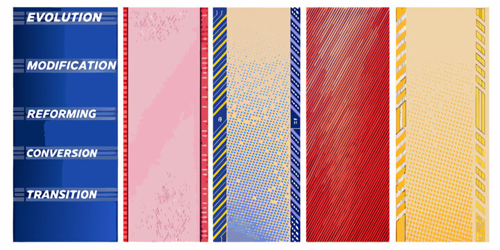 Set of five abstract geometric posters with text labels and colorful linear patterns poster lines