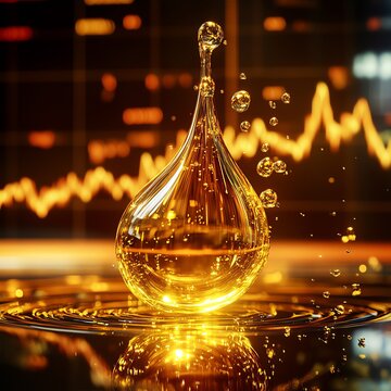 A golden oil drop splashes on a sleek surface, symbolizing financial growth and energy market trends.