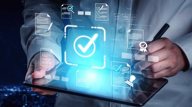 Hands Holding Tablet with Checkmark Icon and Digital Documents, Symbolizing Approval and Verification in Modern Business Environment Sigmoid