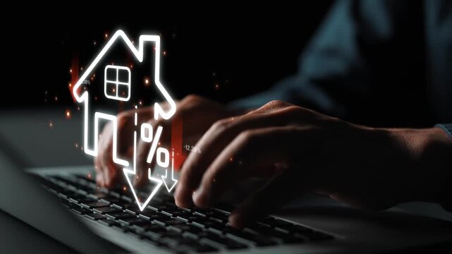 Close-Up of Hands Typing on Laptop Keyboard with Digital Home Icon and Interest Rate Graphic Representing Real Estate and Mortgage Concepts Sigmoid