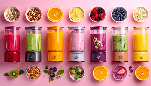 Colorful healthy smoothies in modern blenders with fresh fruit ingredients on a pink background