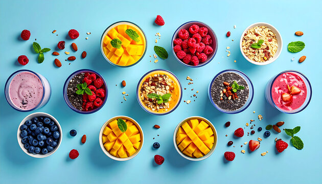 Healthy breakfast smoothie bowls, chia puddings, and fresh fruits on blue background