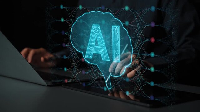 Futuristic Concept of Artificial Intelligence with Brain Graphic and Digital Network Connections Displayed on Laptop Screen Sigmoid