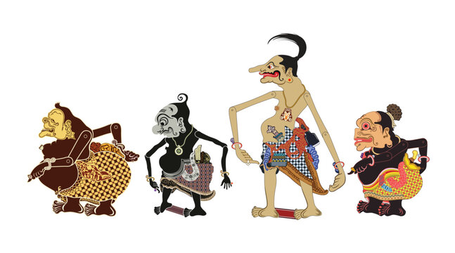 Wayang puppet collection, punakawan image illustration, traditional javanese performance art