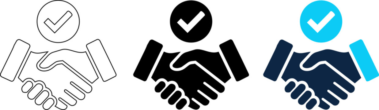 Handshake with check mark icon set, approved deal and agreement editable line icons and editable vector illustration