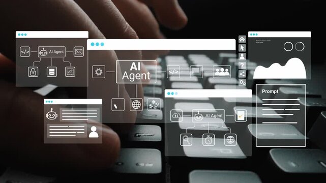 Futuristic Digital Interface Featuring AI Agent Concepts and Visual Data Overlays on a Computer Keyboard. Entropy.