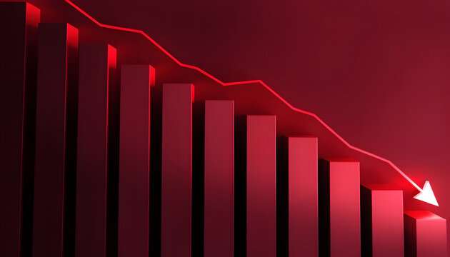 3d render of a red bar chart showing a downward trend with a declining line graph and a downward pointing arrow, symbolizing financial loss or market crash