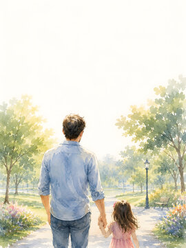 happy father with little girl walk in a park back view, illustration with dad and his small daughter for father's day with space for greeting text