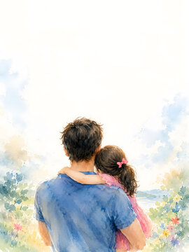 happy father with infant baby on hands back view, illustration with dad and his small daughter for father's day with space for greeting text