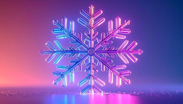 Glowing snowflake centerpiece with colorful, soft focus background, atop a reflective surface with shimmering bokeh