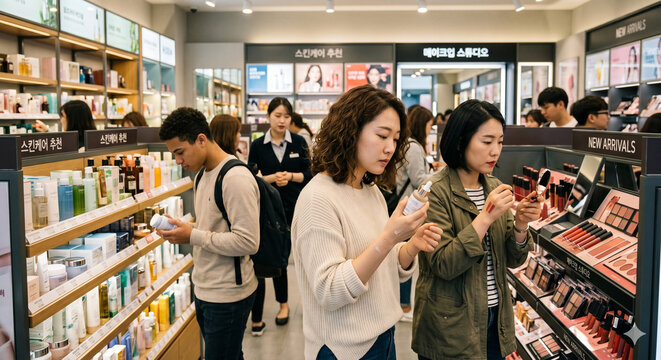 people who choose products at cosmetics stores