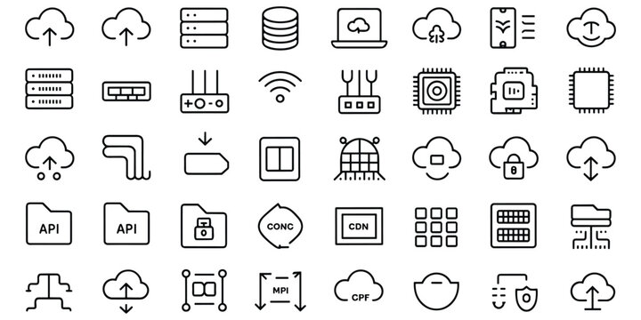 Cloud computing and network technology icons on transparent background for IT and data storage