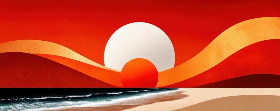 Abstract orange sunset over a minimalist beach with rounded sun and gentle waves