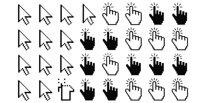 Set of pixel art computer mouse cursor icons pointing click hand gesture pointer signs collection