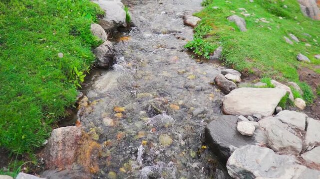 Closeup slow motion shot of a clear water stream in the Himalayan mountains as seen in Sural Bhatori at Pangi Valley in Chamba district, Himachal Pradesh, India. Scenic natural view of river stream.
