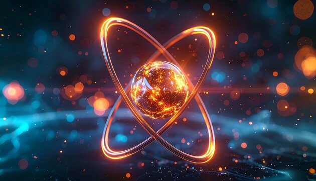 Glowing sphere encircled by rings, emitting bright light against a blue, bokeh-filled background, evokes atomic energy