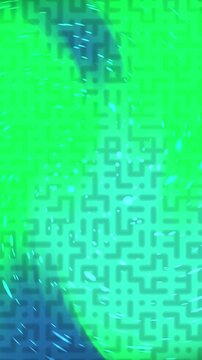 Abstract digital background featuring a vibrant green and blue maze pattern with glowing light effects.