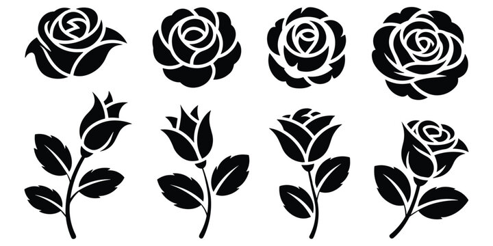 Set of black rose icons and rose buds with leaves on isolated transparent background for design